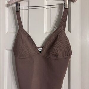 Zara Taupe Ribbed Knit Tank Top Bralette Style Cropped Cami Size L FREE Earrings